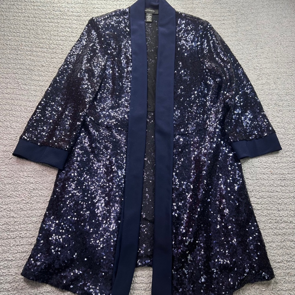 R&M Richards Sequin Duster Jacket Navy Blue 8 Glam Evening Party Holiday Sparkly